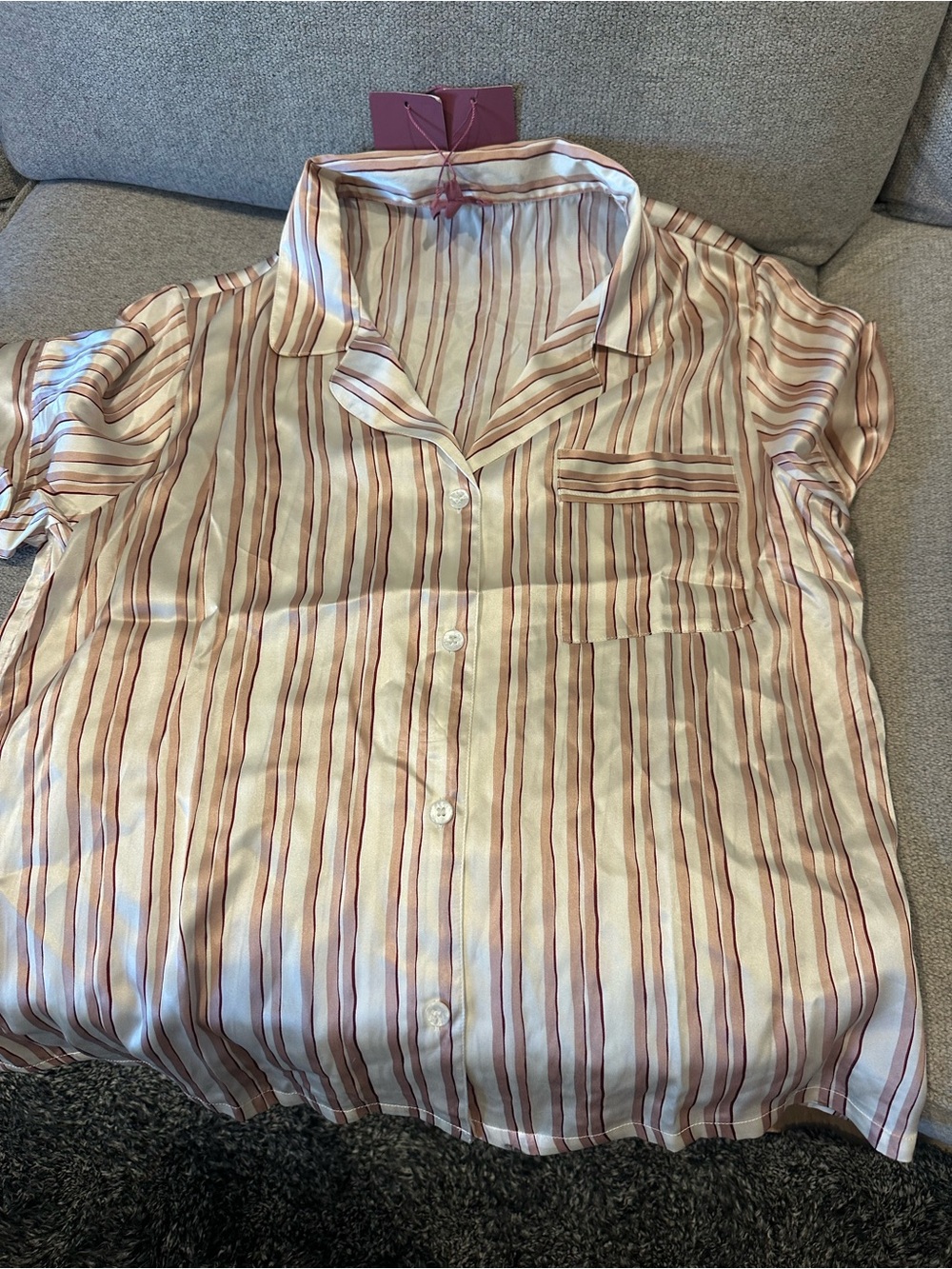 Eberjey Striped Short-Sleeve Pajama Top in Cream and Pink